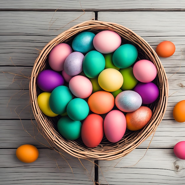 Huevos de Pascua cuidadosamente colocados en una canasta encima de una tabla de madera IA generativa