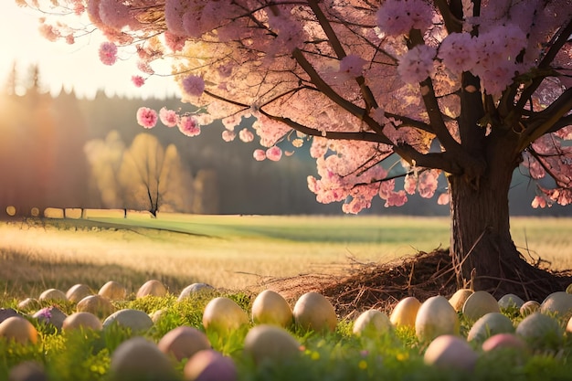 huevos de pascua debajo de un árbol