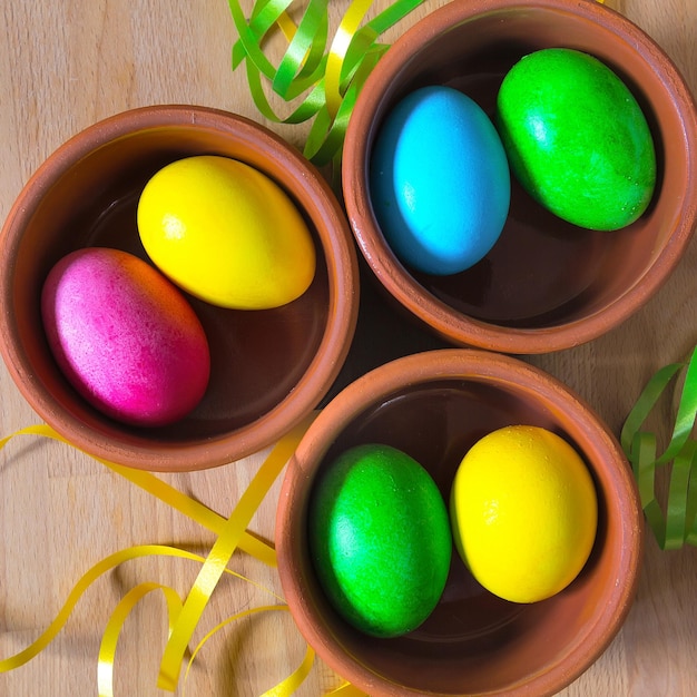 Huevos de Pascua decorados con colores en cuencos de arcilla