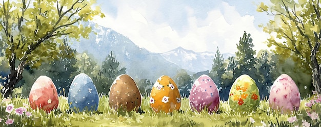 Huevos de Pascua decorados de colores escondidos en la hierba en el prado Paisaje de Pascua en acuarela