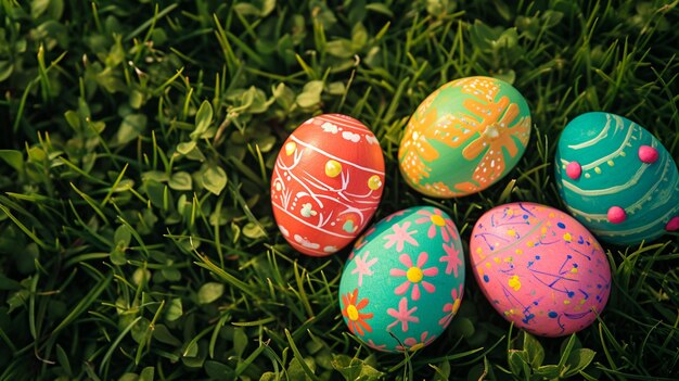 Huevos de Pascua decorados con fondo de hierba AI Generative