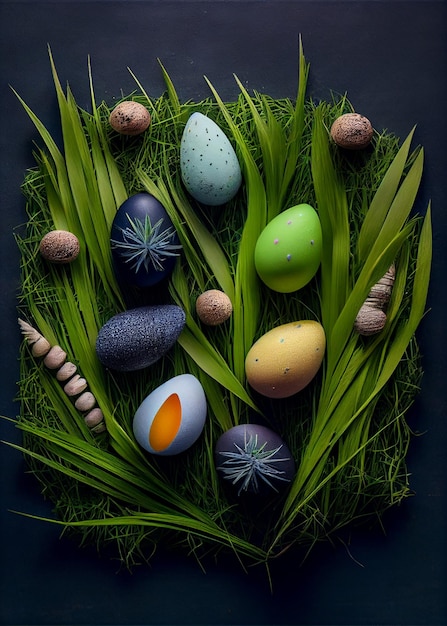 Huevos de pascua decorados en fondo de hierba Generado por IA