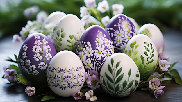 Huevos de Pascua decorados con hermosas flores primaverales.