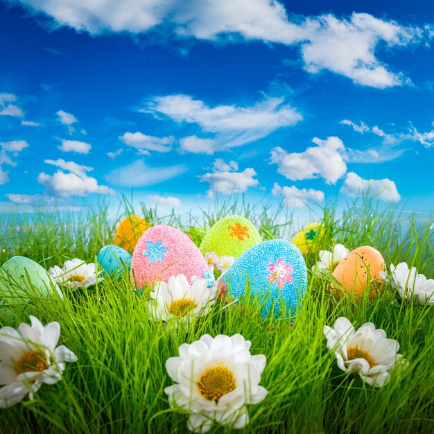 Huevos de pascua decorados en la hierba sobre fondo de cielo azul