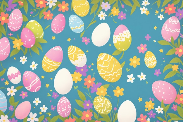 Huevos de Pascua decorados a mano sobre fondo azul