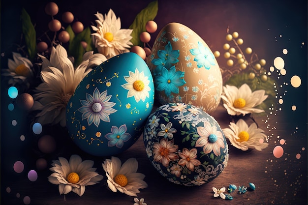 Huevos de pascua decorados muy detallados Huevos de pollo con flores pintadas y hojas sobre fondo de flores abstractas Arte digital Ilustración de renderizado 3d