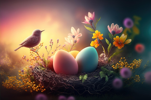 Huevos de pascua decorados muy detallados en nido hecho de palos y aves Huevos de pollo con flores pintadas y hojas sobre fondo borroso de flores abstractas Arte digital Ilustración de renderizado 3d