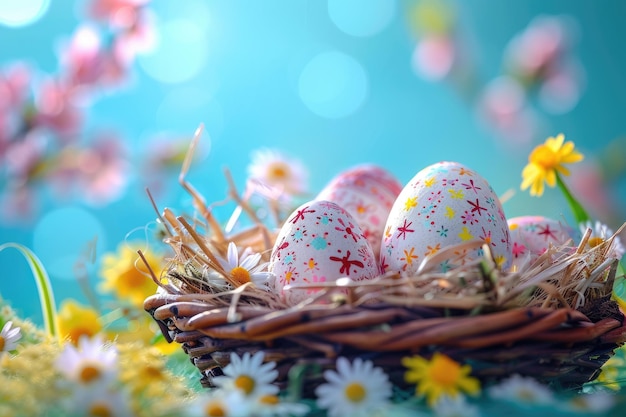 Huevos de Pascua decorados en un nido rodeado de flores