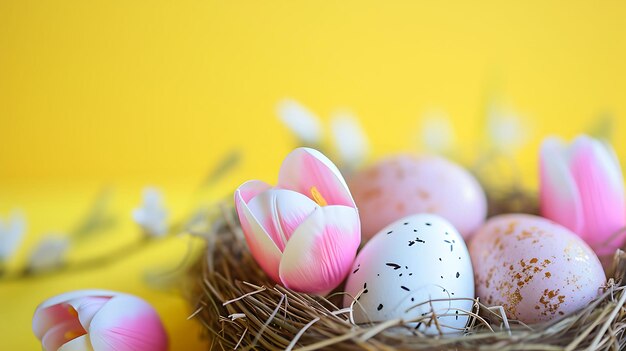 Huevos de Pascua decorados en nido con tulipanes rosados en fondo amarillo