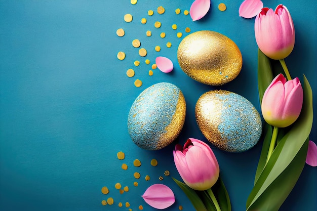 Huevos de Pascua decorados con purpurina dorada con delicadas flores de tulipán rosa Composición de Pascua con flores y huevos en papel azul Huevos pintados planos para un ambiente primaveral