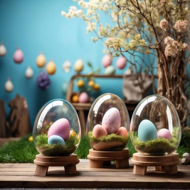 Huevos de Pascua decorados en un soporte de madera en la hierba IA generativa