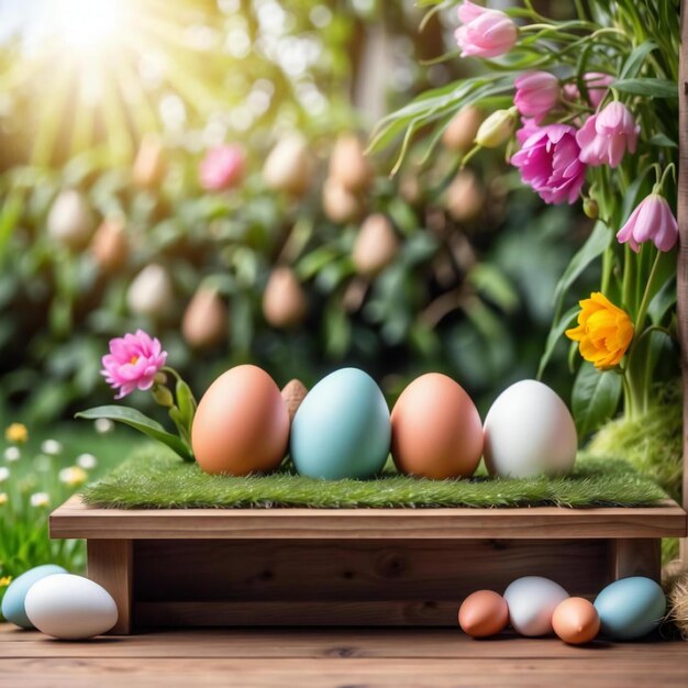 Huevos de Pascua decorados en un soporte de madera en la hierba IA generativa
