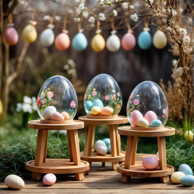 Huevos de Pascua decorados en un soporte de madera en la hierba IA generativa