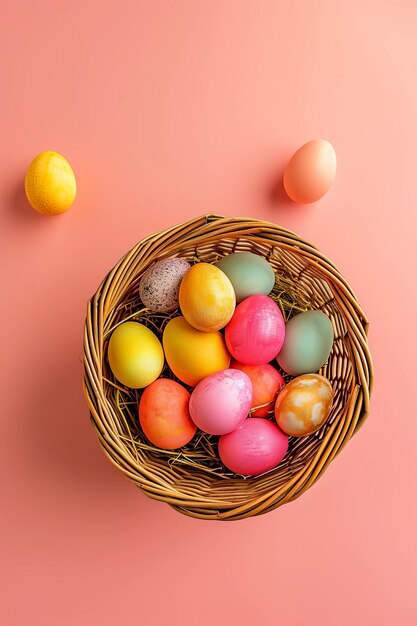 Huevos de Pascua decorados de varios colores con espacio para copiar