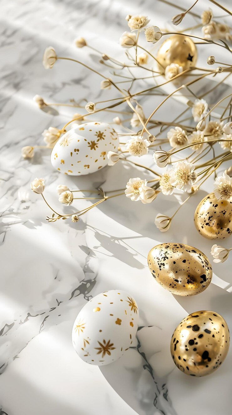 Huevos de Pascua decorativos y flores secas dispuestas sobre una superficie de mármol durante la primavera
