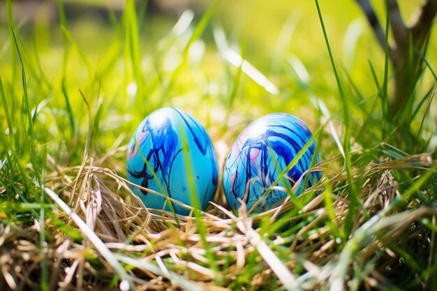 Huevos de Pascua decorativos en hierba sobre un fondo de madera