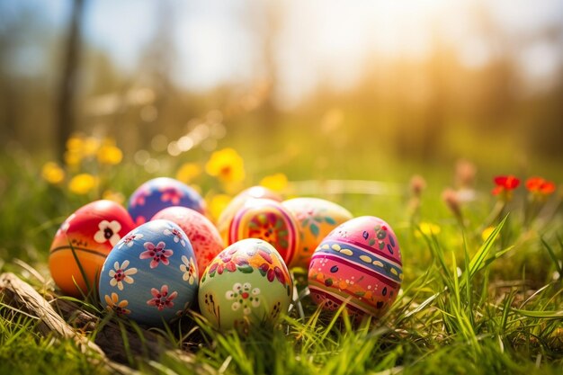 Huevos de Pascua decorativos en hierba sobre un fondo de madera