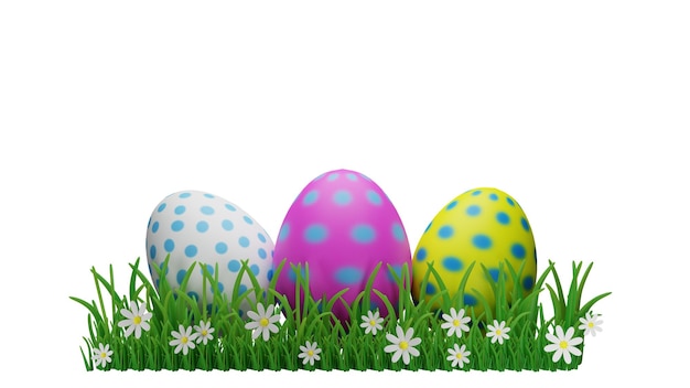 Huevos de Pascua decorativos en hierba verde con flores blancas aisladas en un fondo blanco Ilustración de renderización 3D