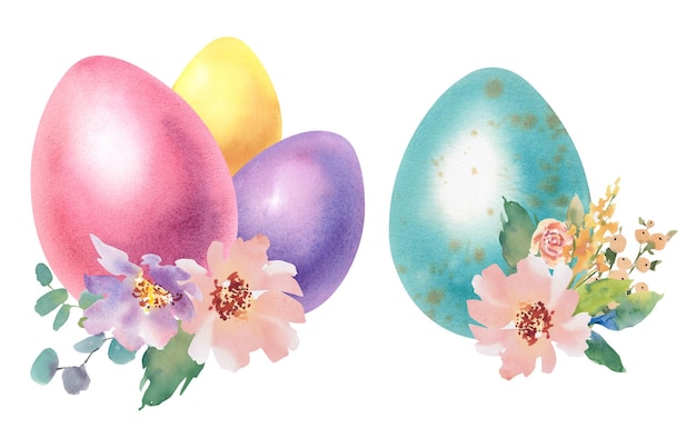 Huevos de Pascua y delicadas flores y hojas de primavera Ilustración a acuarela pintada a mano Un conjunto de huevos de Pascuas en colores pastel plantilla para tarjetas de felicitación cubiertas carteles invitaciones