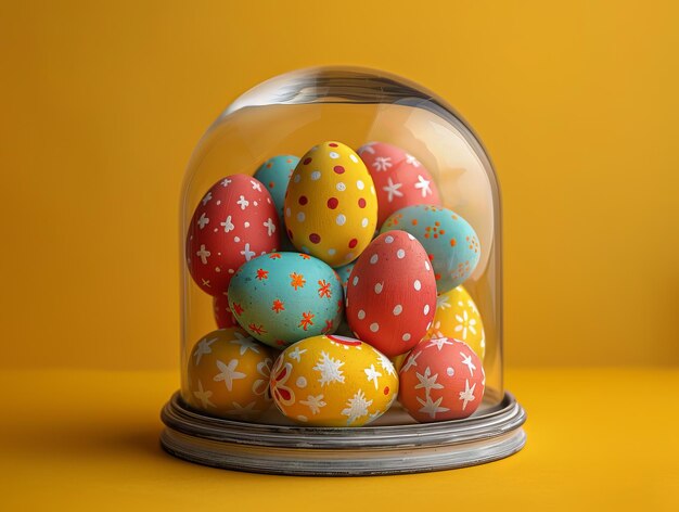 Huevos de Pascua dentro de una cúpula de vidrio sobre un fondo amarillo