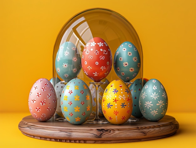 Huevos de Pascua dentro de una cúpula de vidrio sobre un fondo amarillo