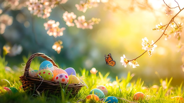 Los huevos de Pascua descansan en una canasta en medio de árboles en flor en la hierba