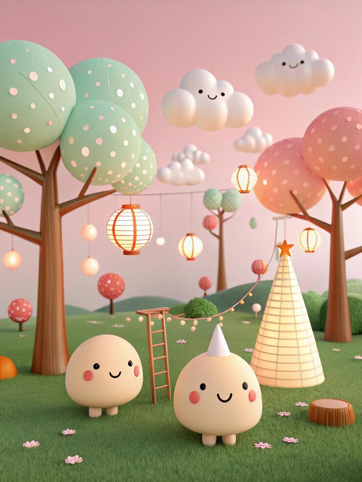 Huevos de Pascua de dibujos animados en 3D con fondo de flores y hierba
