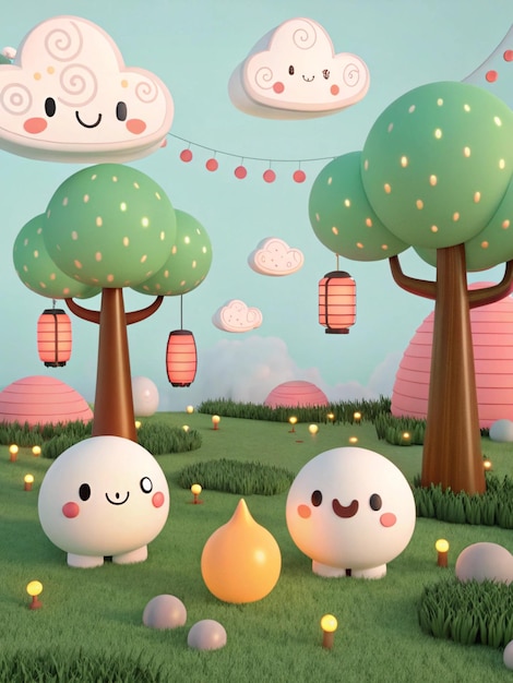 Huevos de Pascua de dibujos animados en 3D con fondo de flores y hierba