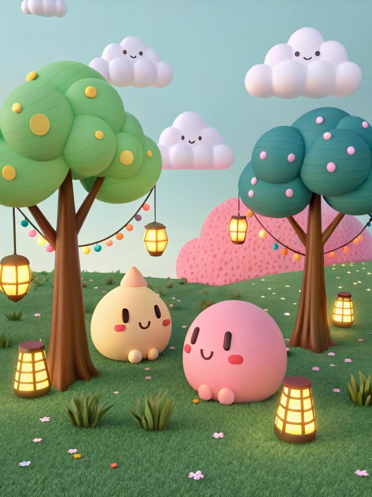 Huevos de Pascua de dibujos animados en 3D con fondo de flores y hierba