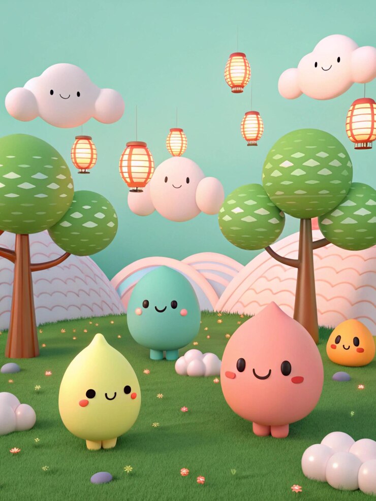 Huevos de Pascua de dibujos animados en 3D con fondo de flores y hierba