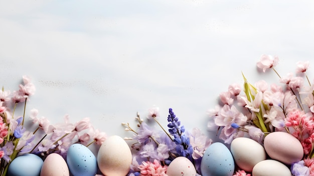 Huevos de Pascua con diferentes colores de flores en fondo blanco vista superior