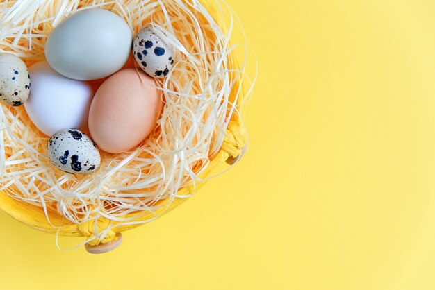 Huevos de Pascua de diferentes colores y huevos de codorniz en una cesta de mimbre sobre un fondo amarillo. Vista superior. Endecha plana. Concepto de pascua. De cerca.