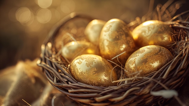 Huevos de Pascua dorados en una canasta de mimbre