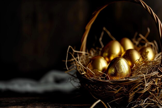 Foto huevos de pascua dorados en una canasta sobre un fondo negro