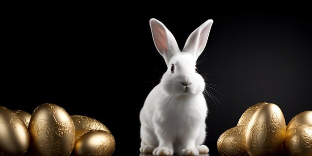 Foto huevos de pascua dorados y conejo sobre fondo oscuro