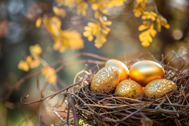 huevos de Pascua dorados en un nido afuera