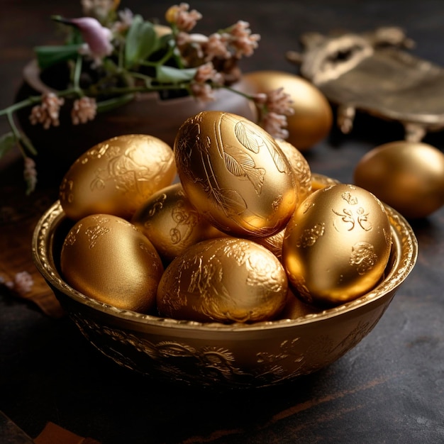 Huevos de pascua dorados en un recipiente con una flor en el lateral generado por IA