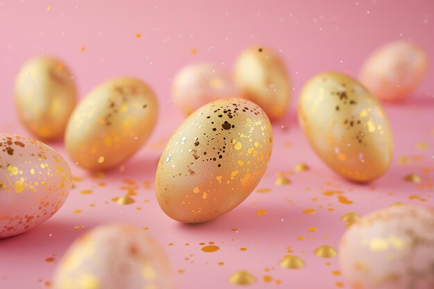 Huevos de Pascua dorados sobre un fondo rosa pastel con chispas