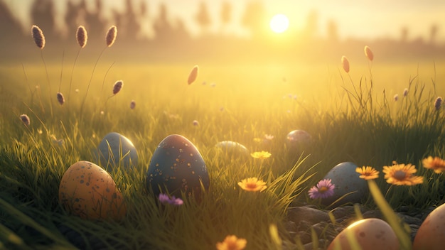 Huevos de pascua esparcidos en un prado verde al amanecer arte generado por la red neuronal