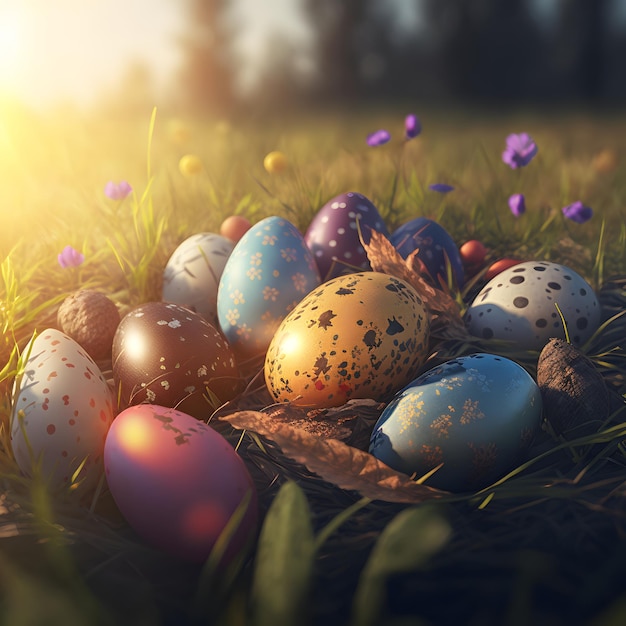 Huevos de pascua esparcidos en un prado verde al amanecer arte generado por la red neuronal