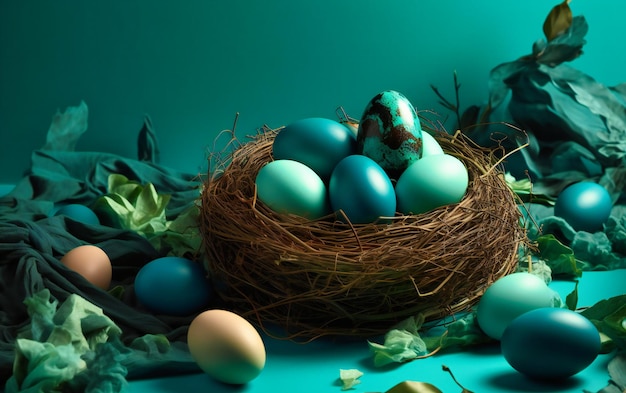 Los huevos de pascua están en un nido rodeado de un fondo colorido