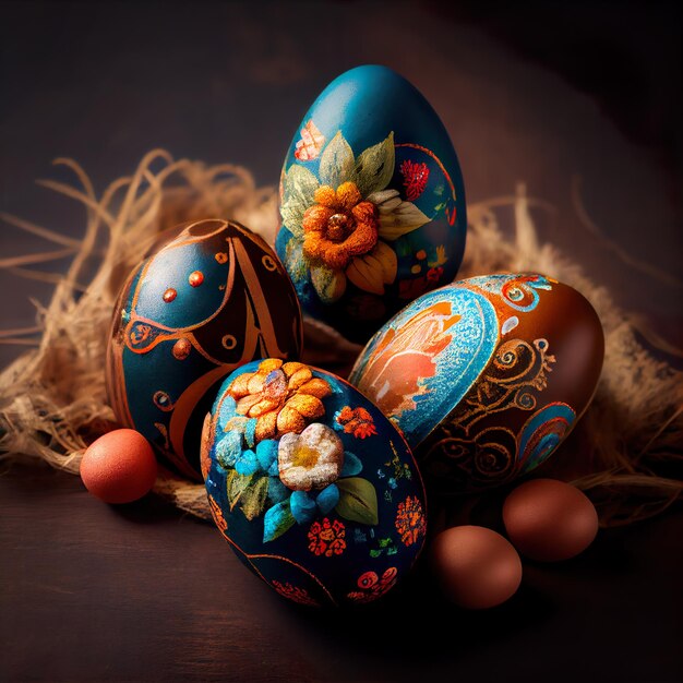 Foto huevos de pascua expuestos frente a la iglesia parroquial colorido