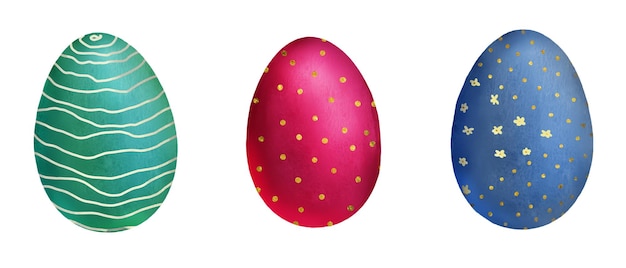 Huevos de Pascua festivos brillantes con puntos y rayas en un conjunto Ilustración digital en acuarela