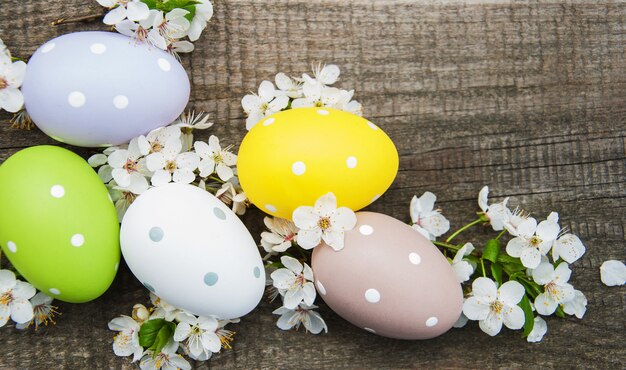 Huevos de Pascua y flor de primavera