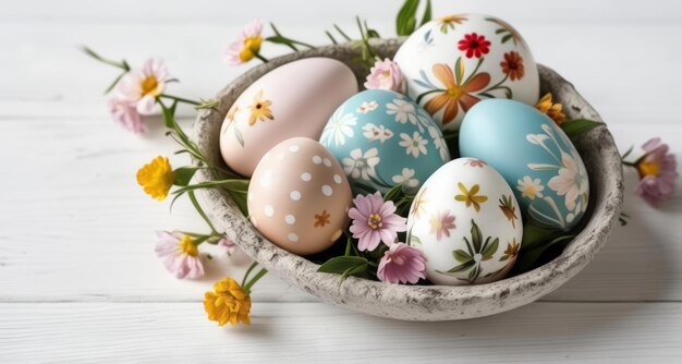 Huevos de Pascua florales en un cuenco rústico