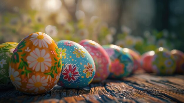 Huevos de Pascua florales pintados a mano en una superficie de madera rústica