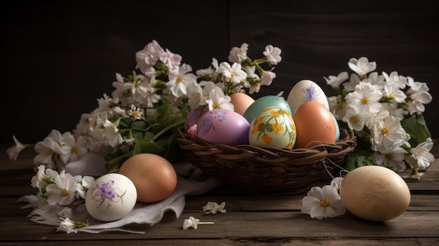 Huevos de pascua y flores AI generativa.