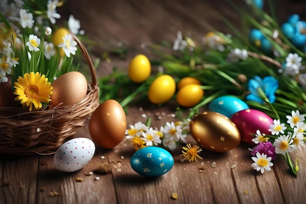 Huevos de Pascua con flores y una cesta de flores sobre un fondo de madera