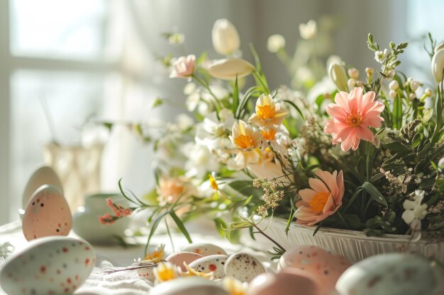 Huevos de Pascua y flores Composición floral rodeada de decoración de Pascua IA generativa