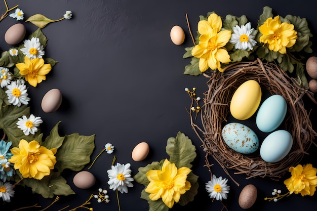 huevos de pascua y flores con espacio de copia